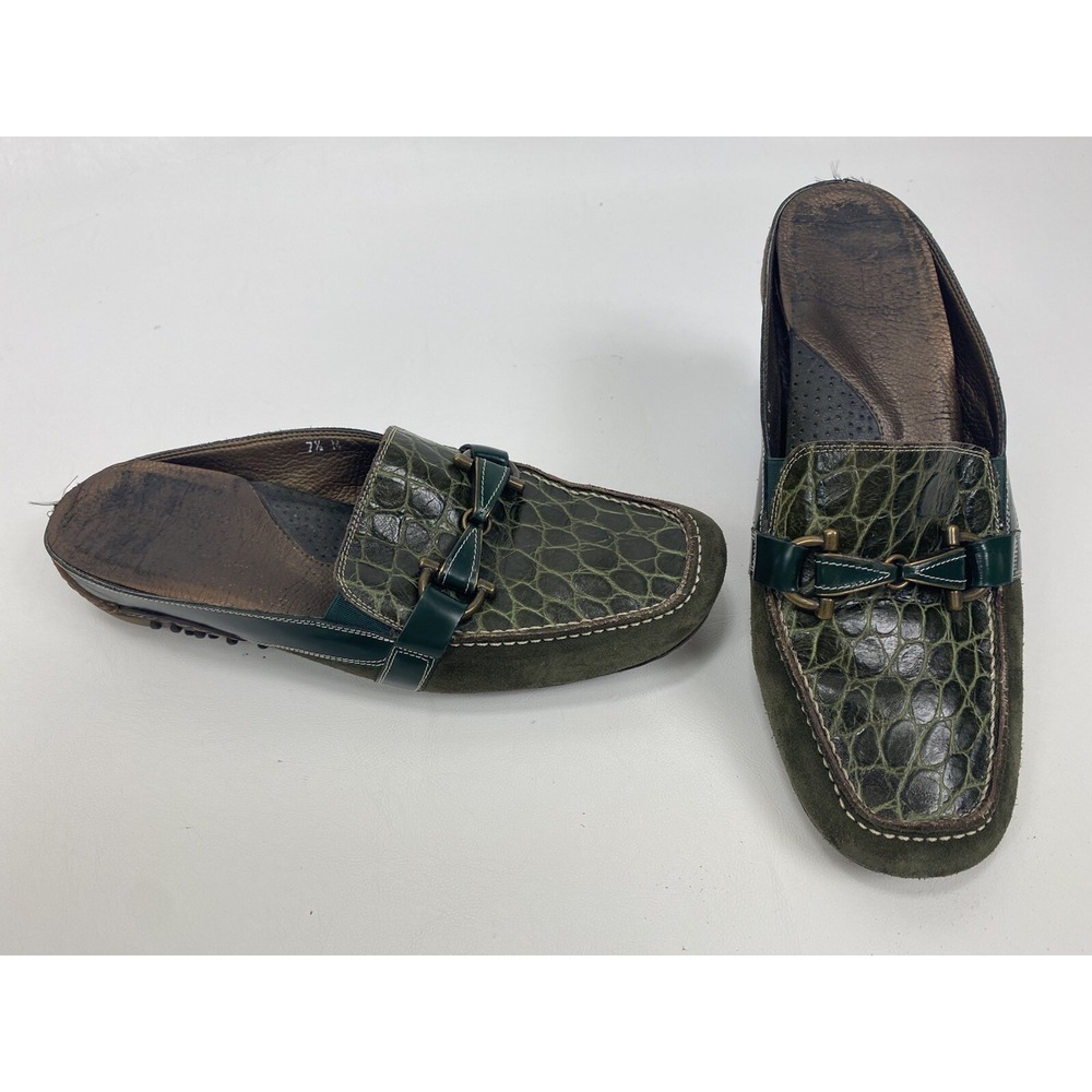 Sesto Meucci Green Animal Print Leather Casual Slide Mules Shoes Women's 7.5 M
